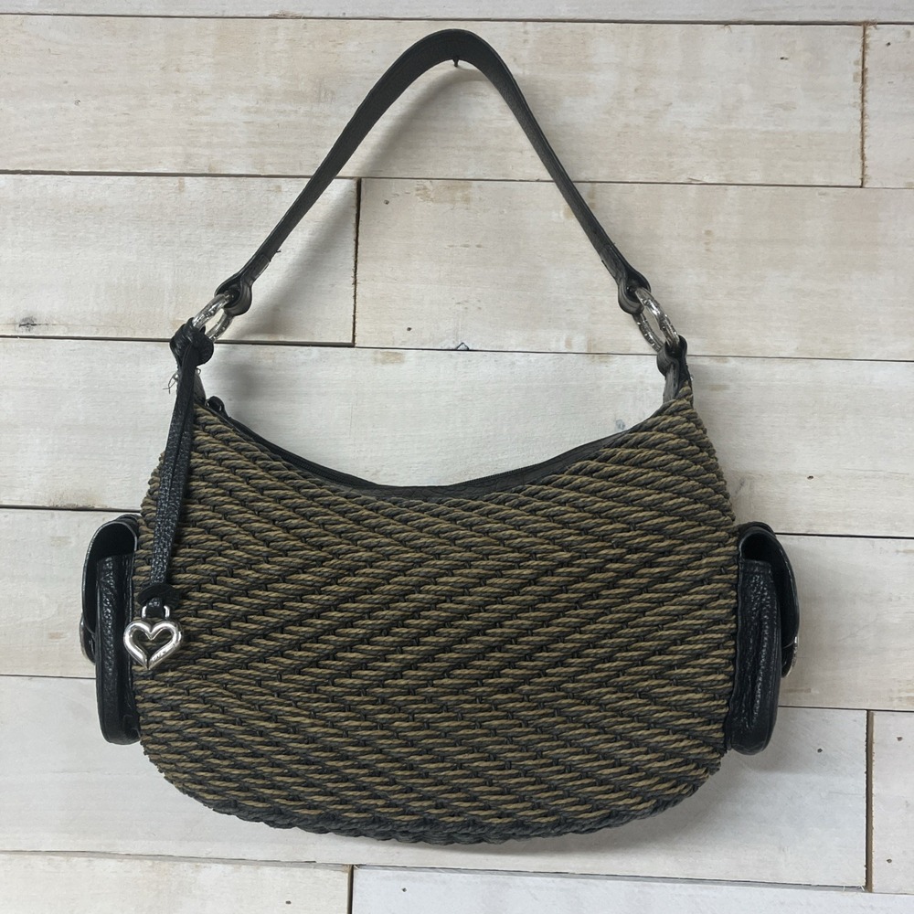 Brighton Shoulder Bag Woven Black and Tan Braided Leather Handle 12x8 Vintage
